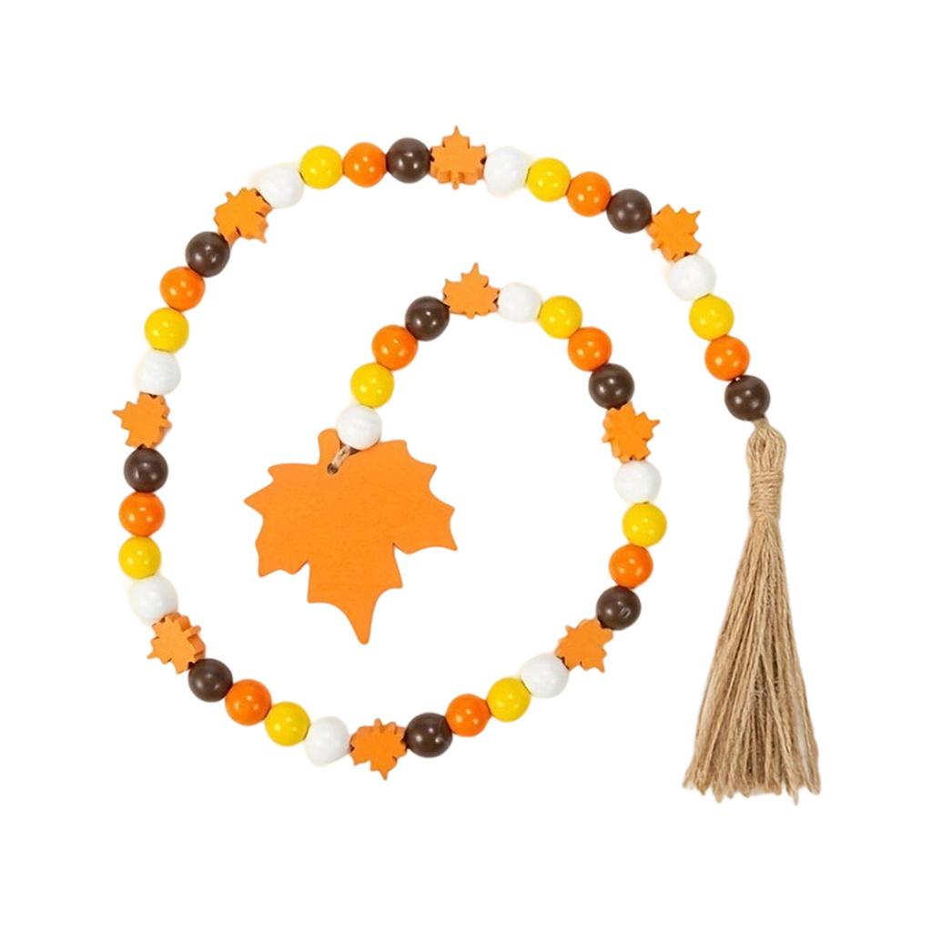 Rustic Wooden Bead Garland with Acorn Tassel and Pinecone Tag Autumn Tiered Tray Decor Hanging Ornaments for Fall Harvest Theme