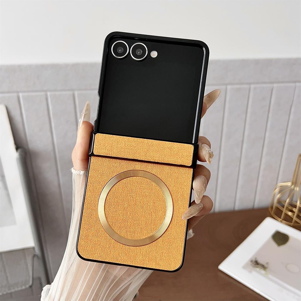 For Samsung Galaxy Z Flip7 5G Case Compatible with MagSafe Cloth Texture PU Leather+PC Phone Back Cover