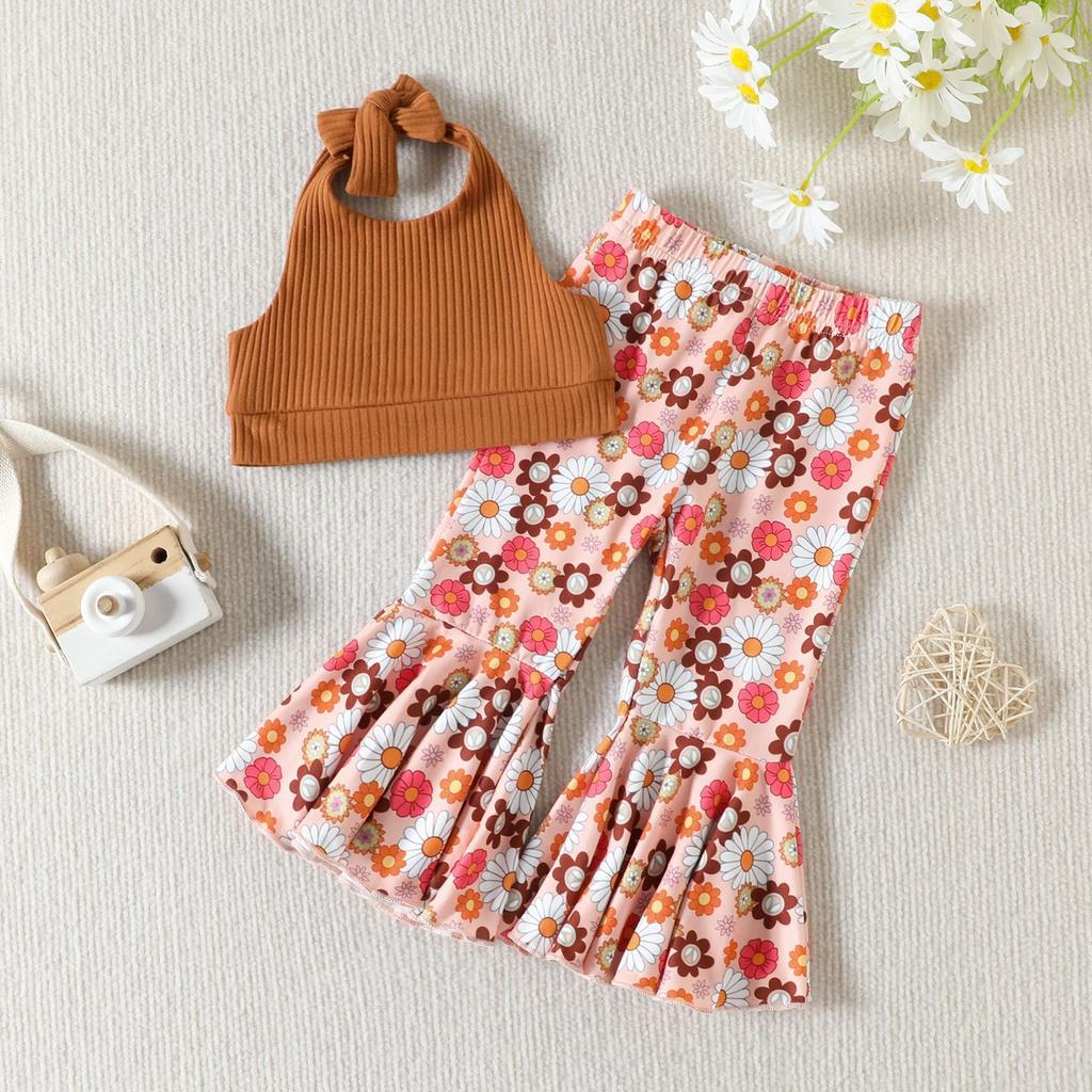 Kids Girls Summer Clothes Set Baby  Sleeveless Halter Tops + Flower Flare Long Pants +Headband Children Fashion Outfits