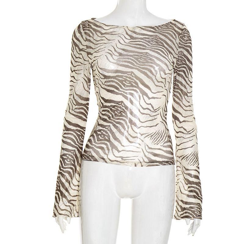 Fashion Wind New Arrival Fashion Silm Zebra Print See-through T-shirt Tops Sexy Perspective T-shirt