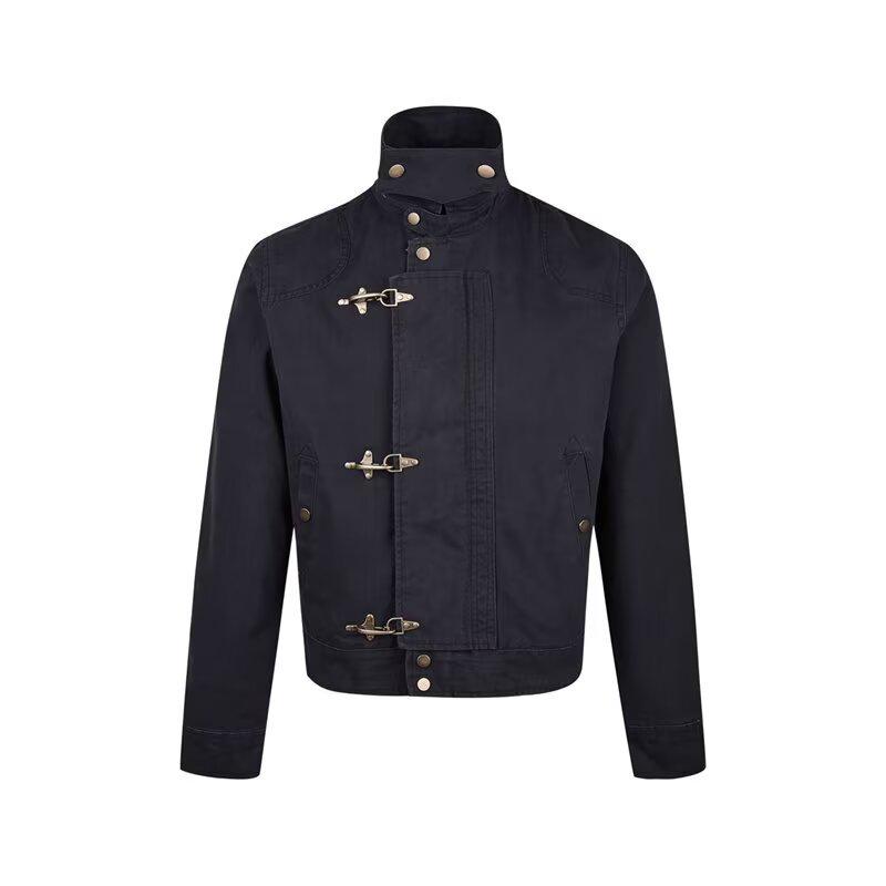 Men's Vintage Patchwork Buckle Jacket - Retro Distressed Long Sleeve Casual Outerwear for Spring/Autumn.