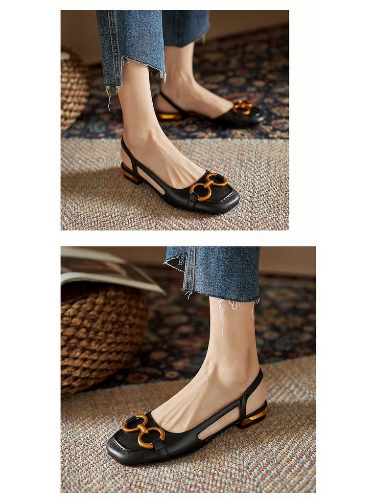 2024 Spring/Summer Women's Retro Peep-Toe Sandals with Metal Buckle and Low Block Heel