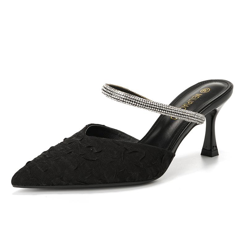 

Sheepskin version, half-drag high heels temperament 2025 new rhinestone sandals fairy style slippers female summer wear trend 40 чёрный