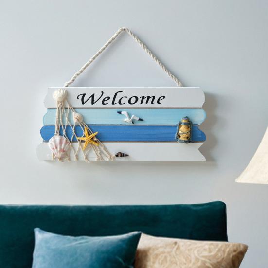 Beach Welcome Sign for Front Door Summer Ocean Wood Plaque Rustic Door Hanger with Starfish Shells for Farmhouse Outdoor Porch Decor