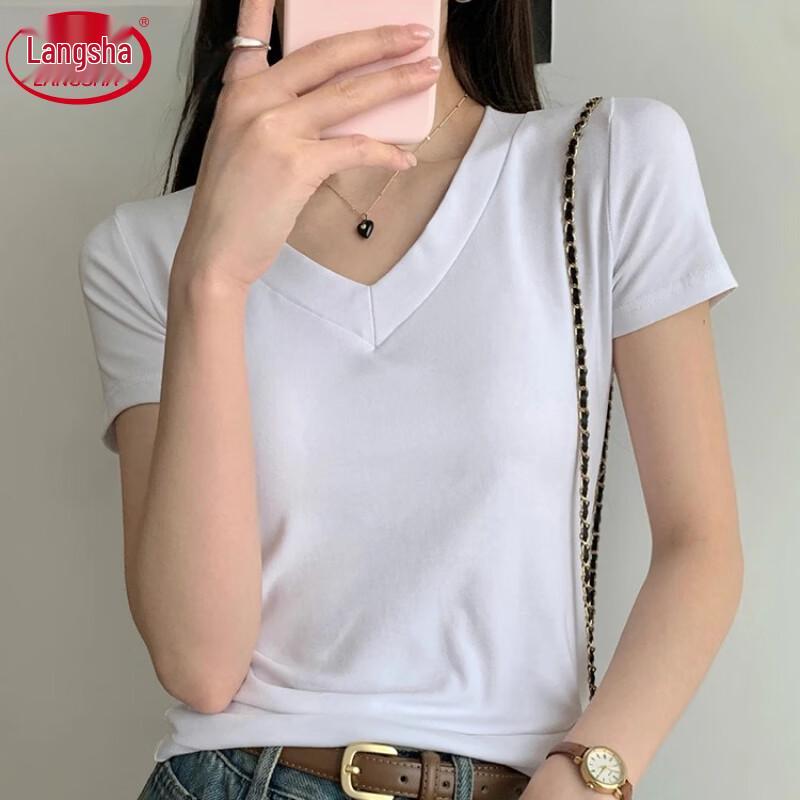 Langsheng Women's Slim Fit V-Neck Short Sleeve T-Shirt