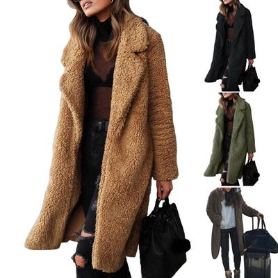 Women Autumn Winter Thickened Plush Coat Lapel Long Sleeve Woolen Coat Solid Color Casual Long Outwear