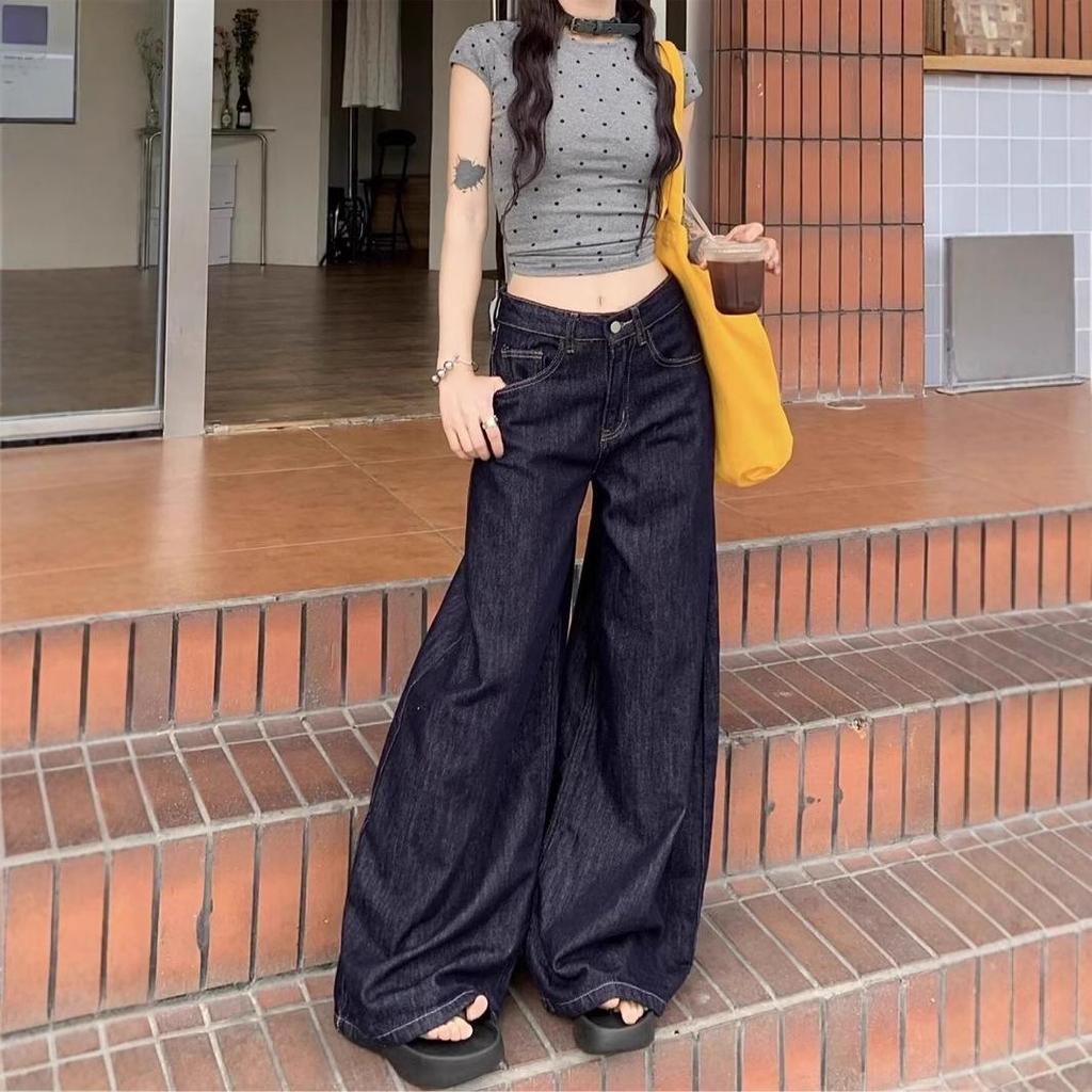 2024 Women's Dark Blue High-Waist Wide-Leg Jeans – Floor-Length & Stylish