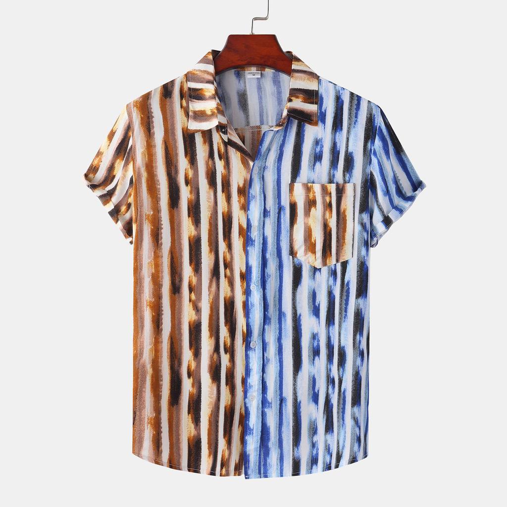 Men's Loose Casual Hawaiian Vacation Short Sleeve Printed Patchwork Top Beach Button Up Shirt