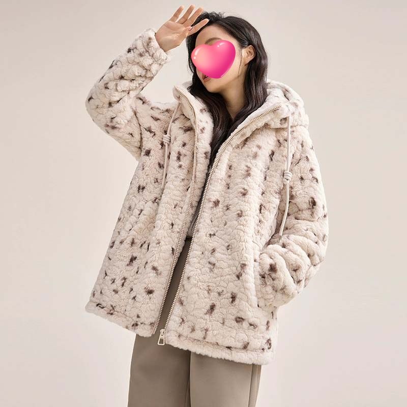 Cozy Faux Rabbit Fur Hooded Jacket Vintage Spots Fluffy Winter Coat Warm Thickened Premium Outerwear