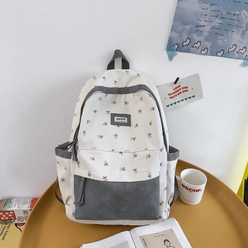 Fashionable Color Blocked Flower Pattern Letter Decor Student Casual Backpack