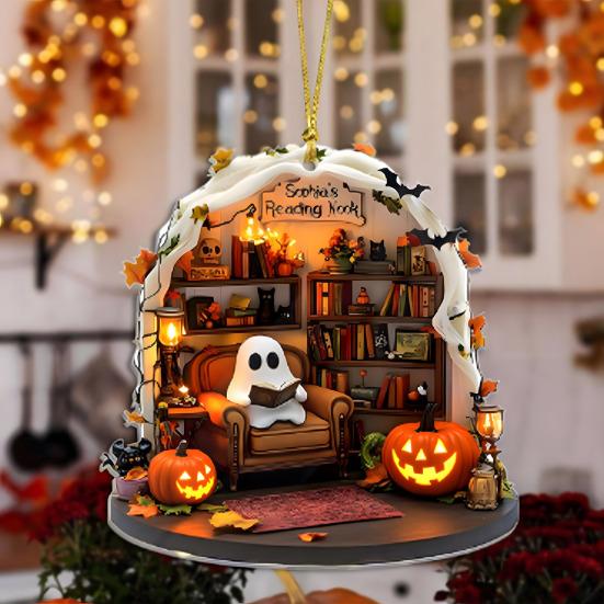 Cute Ghost Reading Book Ornament 2D Acrylic Ghost Pumpkin Window Hanging Decoration for Halloween Home Party Decor