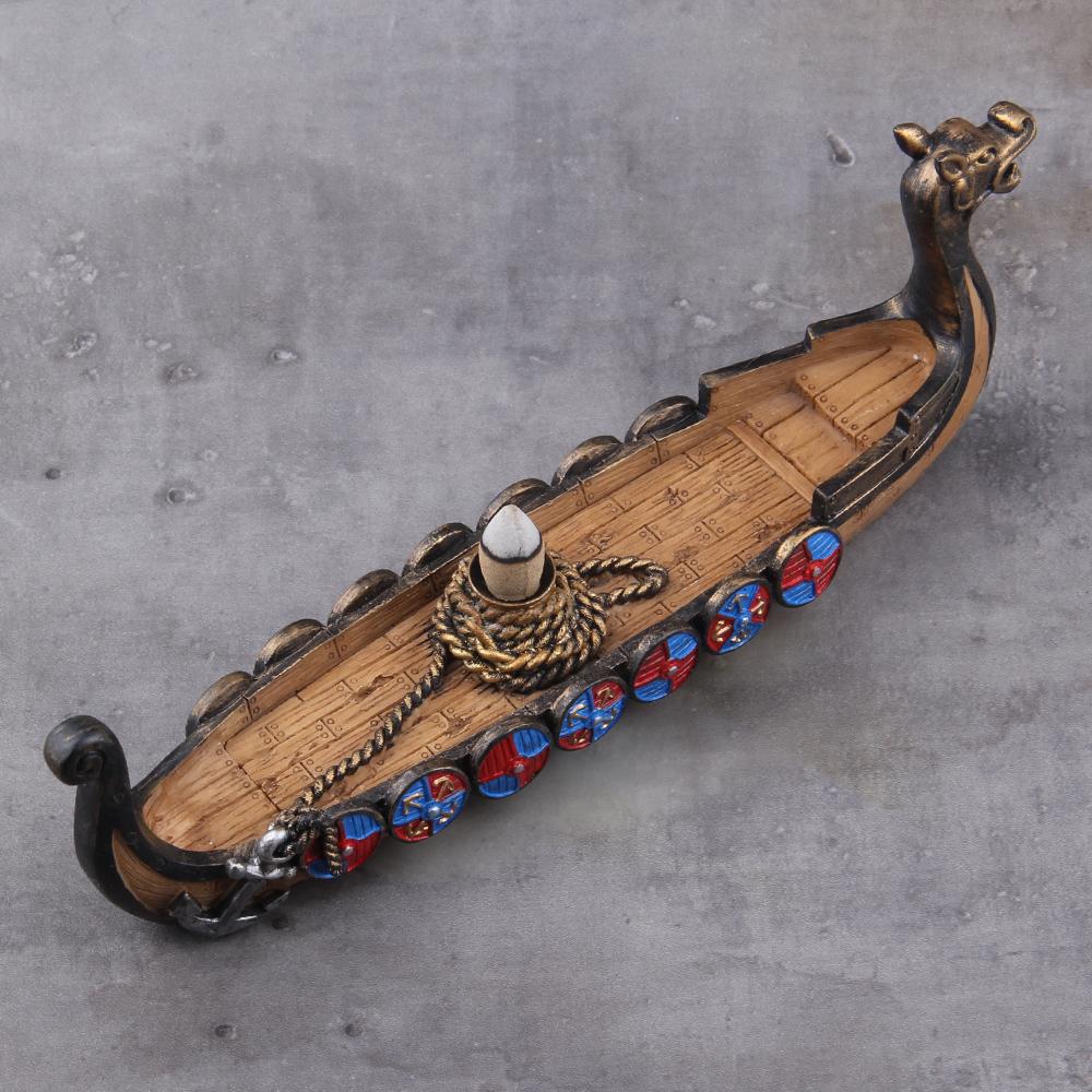 Ceramic Waterfall Incense Burner Viking Dragon Boat with 10 Free Cones Gift Option for Mixed Aromas