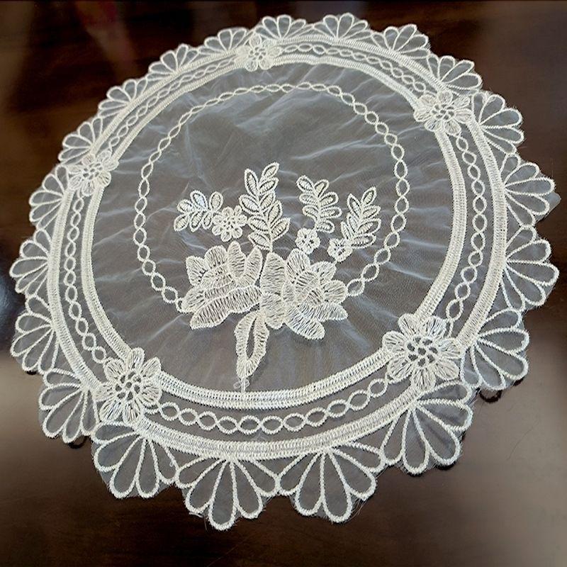 White Round Organza Rose Embroidery Universal Cover Cloth Tablecloth Embroidered Cover Cloth Placemat 33cm
