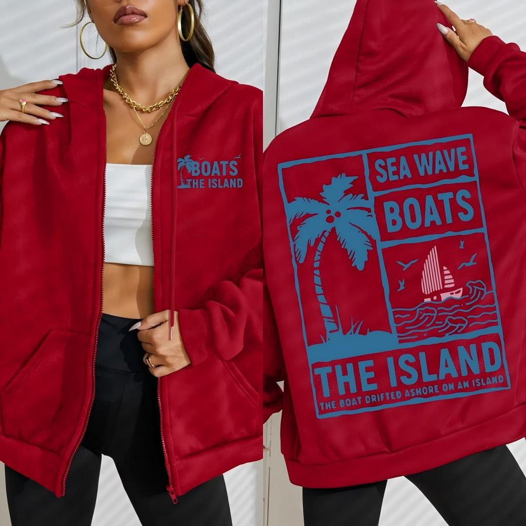 Sea Wave Boats The Island Printed Zipper Hoodie Woman Fashion Oversize Hoody Autumn O-Neck Streetwear Clothing