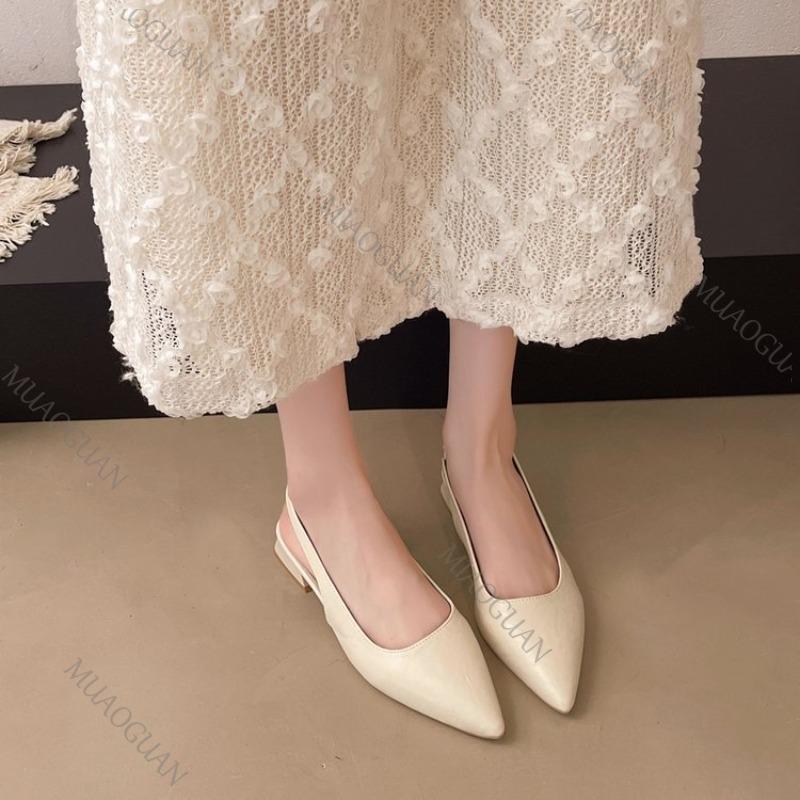 Women's Leather Pointed Toe Slingback Slip-on Low Heeled Sandals Soft Comfortable Casual Female Summer Daily Pumps Footwear Shoe