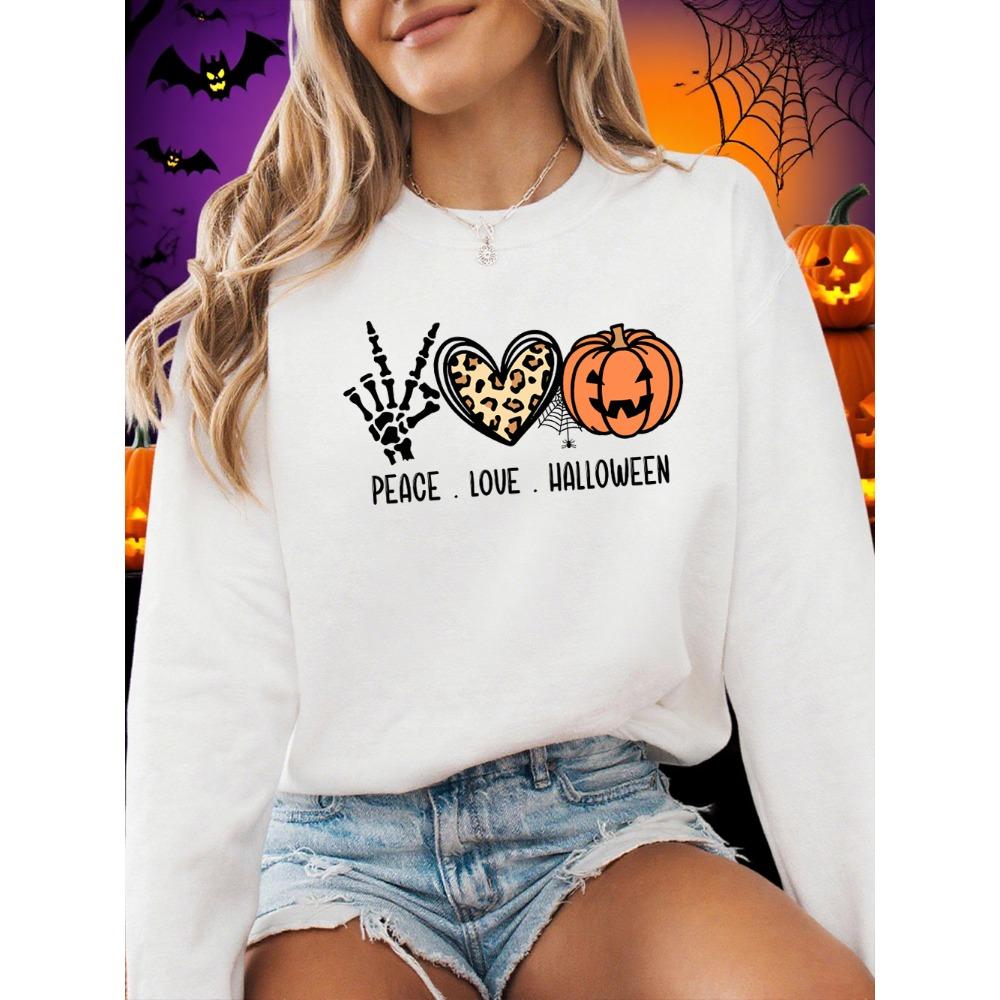 

Heart Pumpkin Lantern Spider Web Print Halloween Sweatshirt Women Winter Round Neck Loose Pullover Casual Soft Top S
