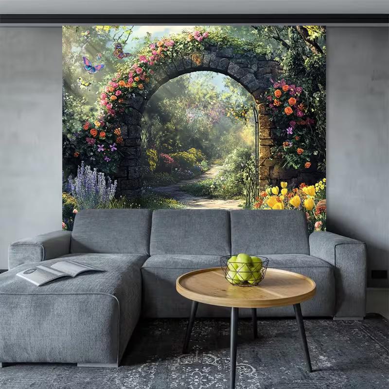 2D HD Fairy Tale Garden Backdrop, Floral Stone Arch with Butterflies Photo Background Cloth