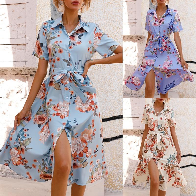 Summer Short Sleeve Women Floral Printed Shirt Dress Single-breasted Loose Casual Office Holiday Lace-up A-line Party Dresses Elegant Fashion Clothng