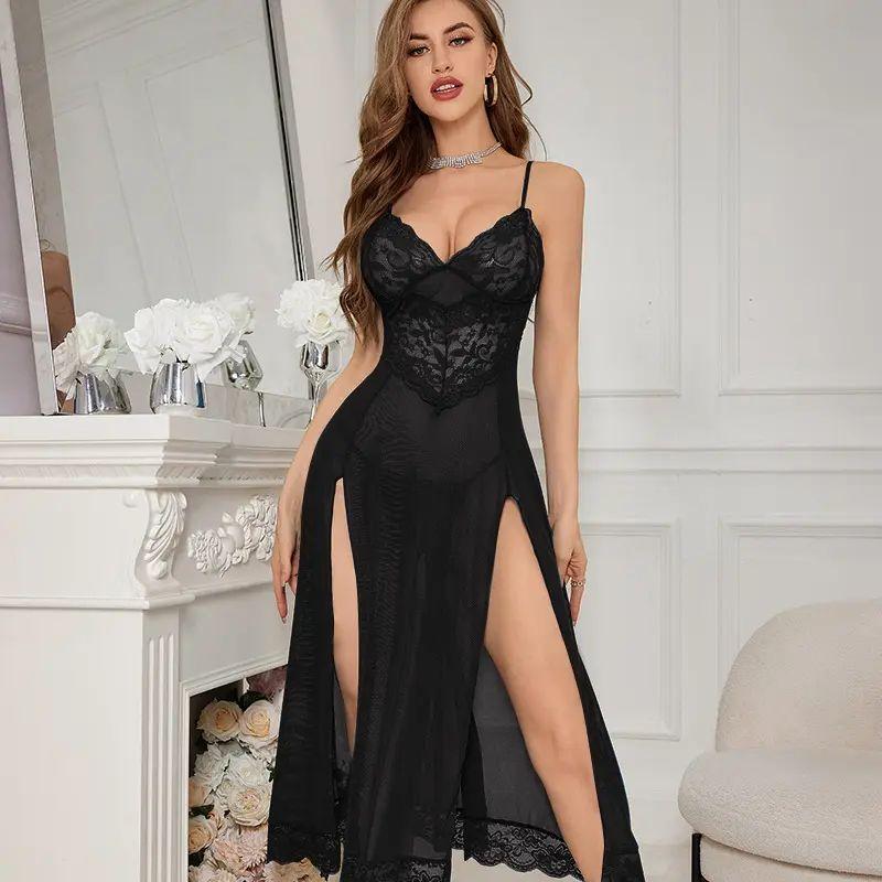 European and American New Sexy Women Lace Mesh Split Long dress Home Wear Set Women Lace Sexy Suit