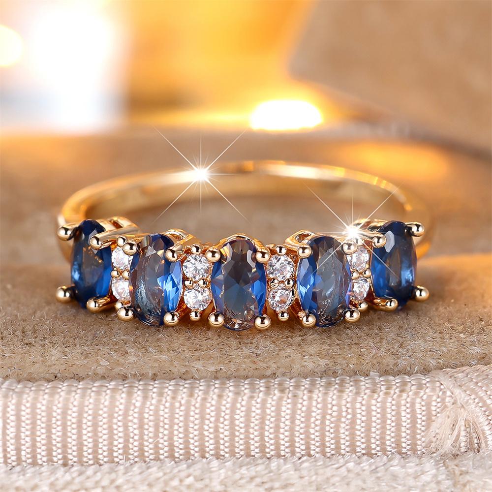 Single Row Blue Crystal Cute Oval Stone Rings For Women Vintage Gold Color Engagement Wedding Bridal Birthday Gifts