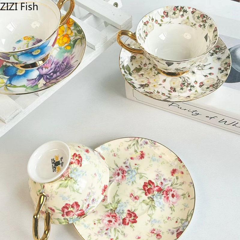 Brilliant Flowers Pattern Ceramic Cup&saucer Gold-plated Coffee Mug Dining Table Milk Mugs Afternoon Tea Teacup Fruits Juice Cup