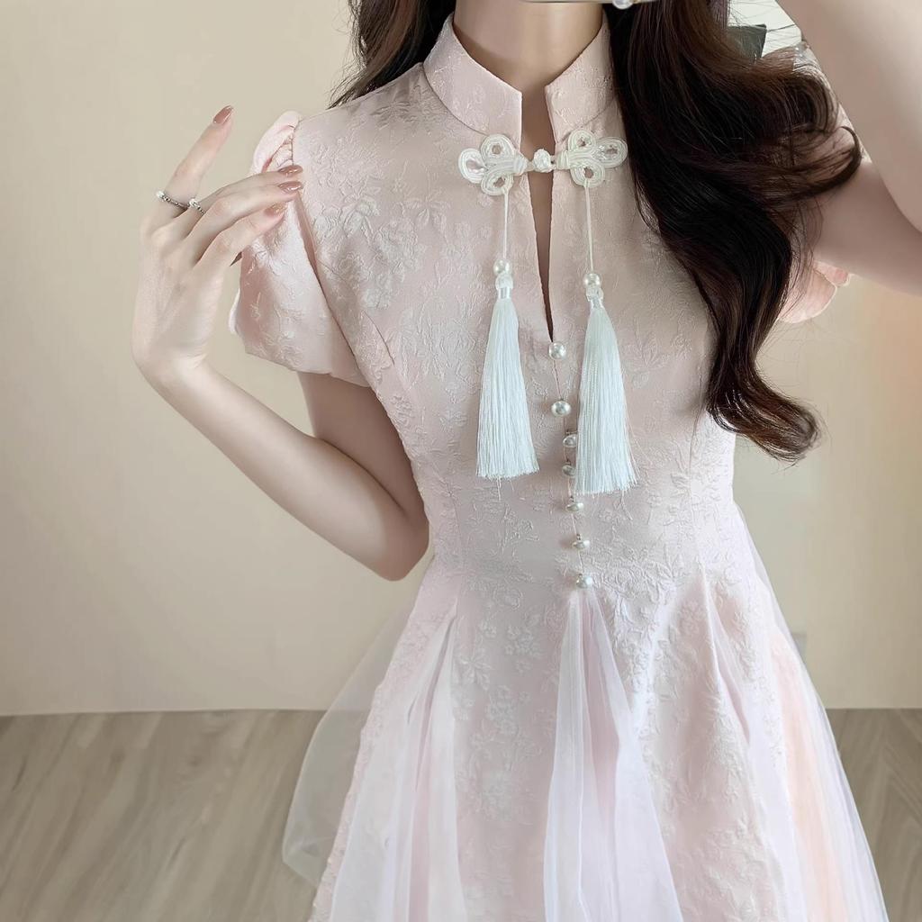 Summer Style National Wind Qipao Dress - Short-Sleeved, Waist-Cinched, Fluffy Skirt for Women