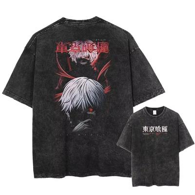 Camiseta Sudadera Lavada Vintage Tokyo Ghoul Ken Kaneki para Mujer Cuello Redondo Camiseta Anime para Fans Ropa Superior
