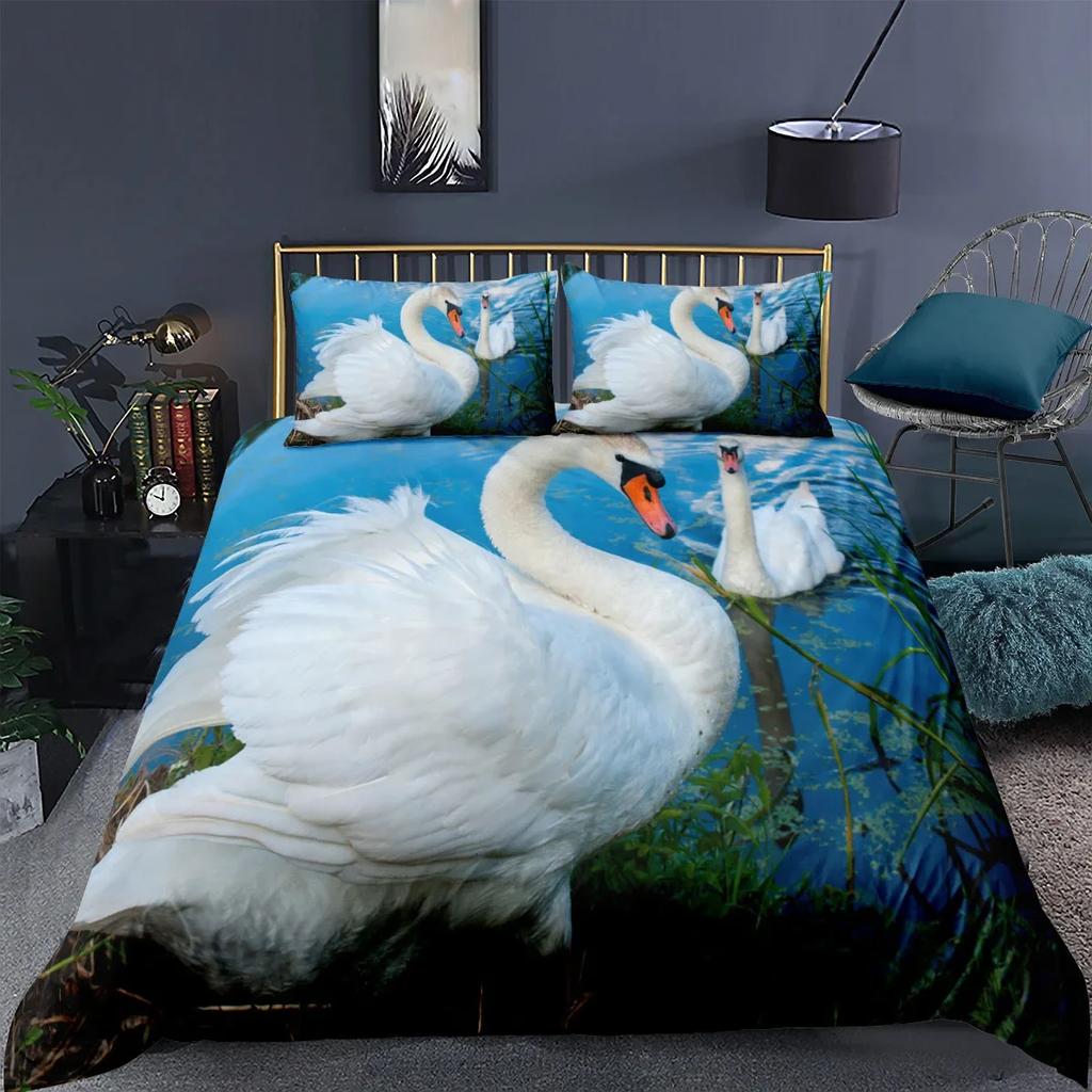 Potisk Labutě Ložní Sady US King 259x229cm Vysoce Kvalitní Super Měkká Pohodlná Bavlněná Ložní Sada Domácí Textil Sada Povlaku na Přikrývku