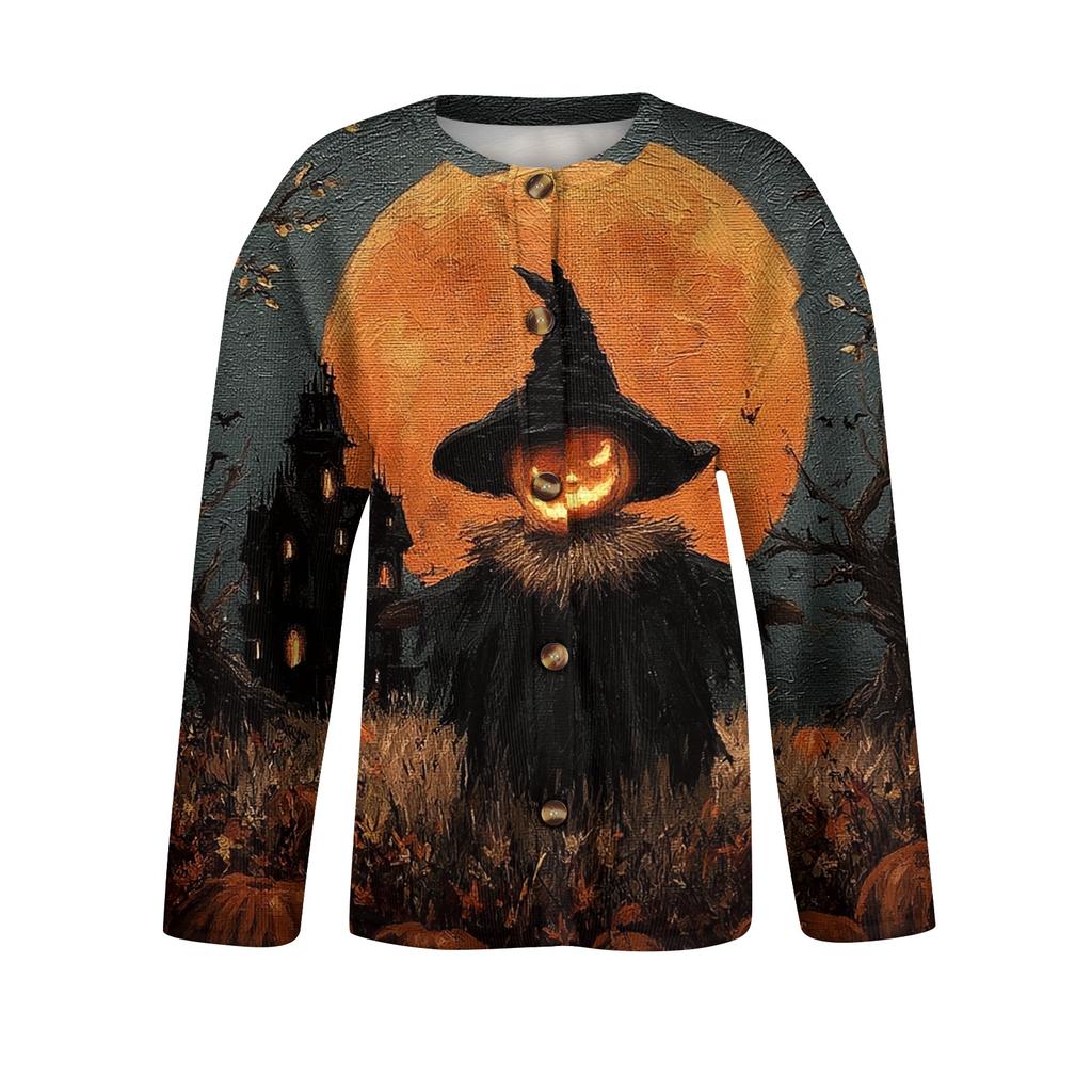 Women's Long Sleeve Knit Cardigan with Halloween Print Button Front for Holiday Party