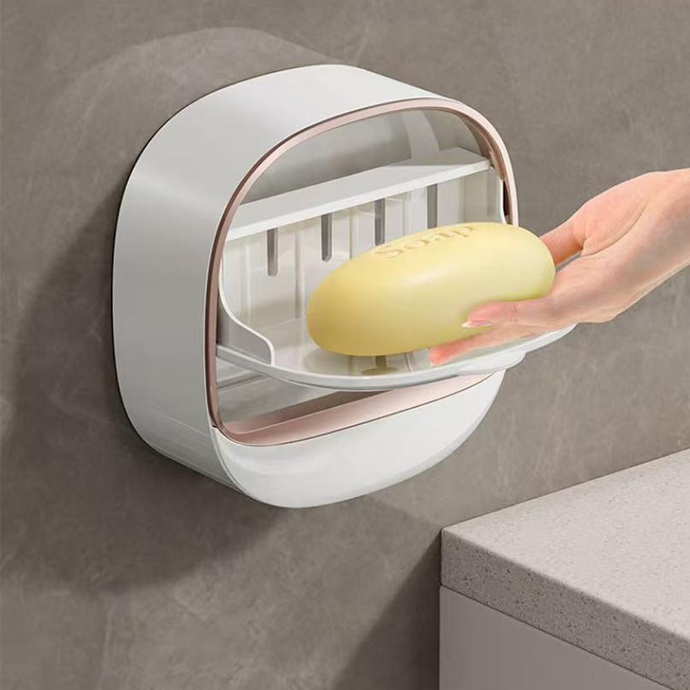 1pcs soap holder box Wall Mounted Soap Dispenser with Lid Hassle-Free No Drilling Drain Rack, Space-Saving Storage box for Modern Bathrooms