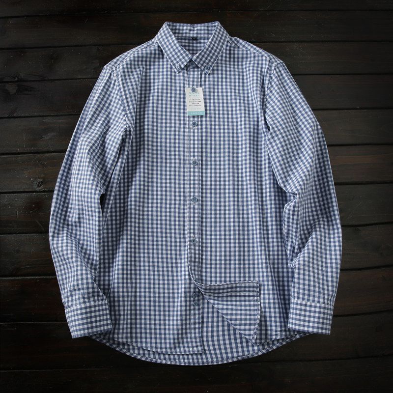 Japan fashion Order 80S Lyocell/Long-staple Cotton Foreign Trade Tail Goods Men Lapel Plaid Long sleeve Shirts Top Spring