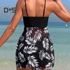 2Pcs/Set Tankini Set Adjustable Straps Padding Underwire Bandeau Tops Boxer Briefs Set Mesh Splicing Design Beach Swimwear