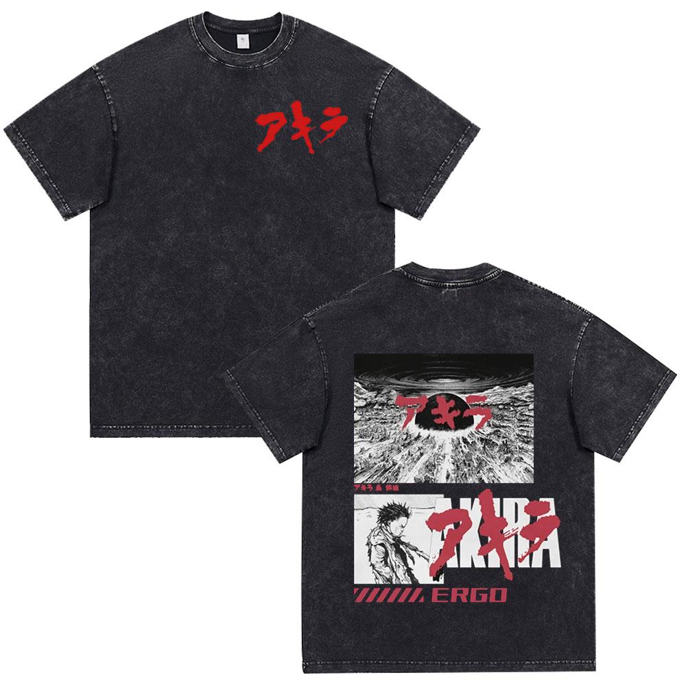 Anime Akira Vintage Washed T Shirt 90s Science Fiction Movie Shotaro Kaneda Short Sleeve T Shirts Cotton Casual Loose T-shirts