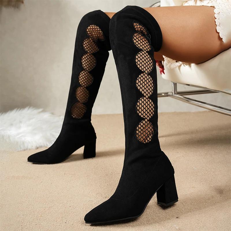 Fashion Leopard Women's High Boots Mesh High Heels Chunky Shoes Summer Designer 2025 New Woman Over The Knee Pumps Chelsea Mujer Zapatos