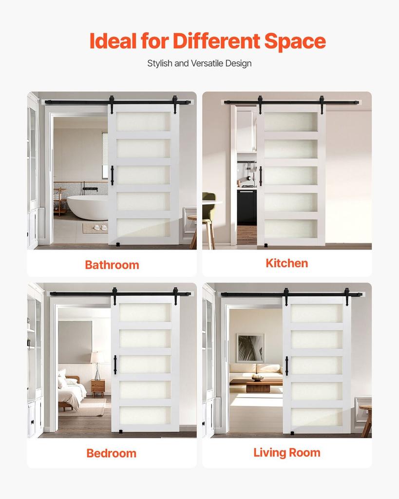 Sliding Barn Door, 1067 x 2134mm, High-Strength MDF Panel and Glass, Barn Door with Hardware Kit, Water-Proof PVC Surface, Easy to Install, H-Frame,