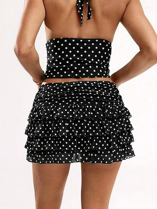 Women's Retro Halter V-Neck Polka Dot Top & Ruffled Skirt Set