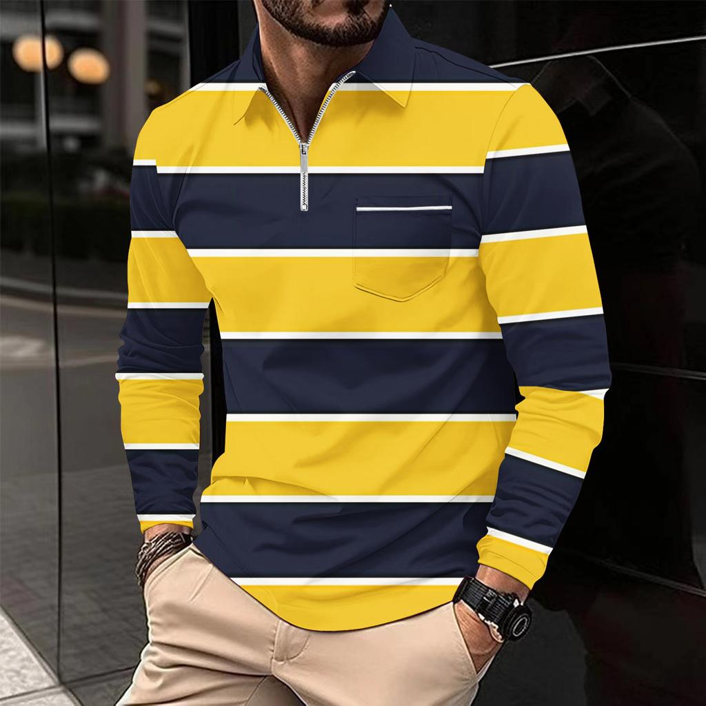 Fashion Polo Shirt Men's Printed Long Sleeve Zip Pocket Sports Polo Shirt Men's Striped Sweatshirt