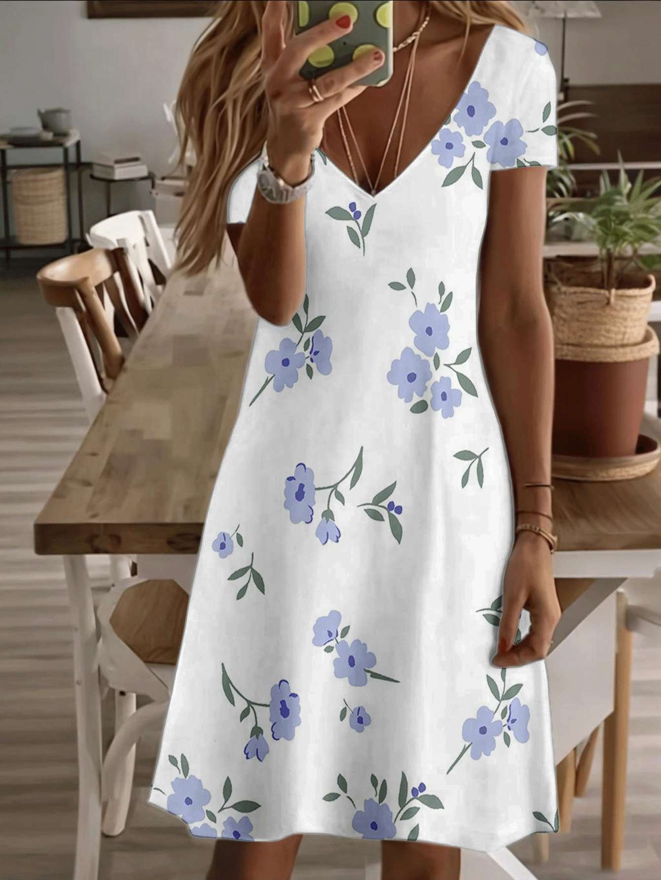 

Vneck shortsleeve midi dress blue floral pattern 3D premium print durable breathable fabric elegant ladies summer outfit casual fashion for daily wear 8XL дубильна кора