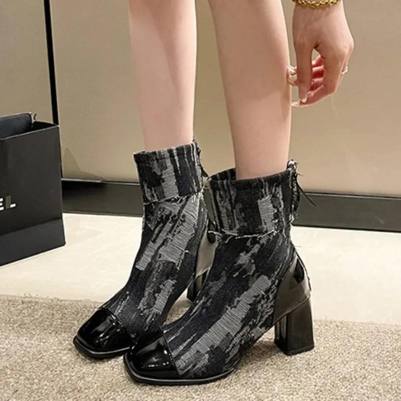 Women's Boots Canvas High-heel Short Boots Autumn Winter  Non Slip Patchwork Zipper Square Toe Windproof Fashion Boots