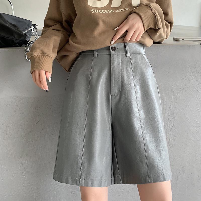 Neue PU-Waschlederhose Damen Frühling und Herbst ein Wort hohe Taille weite Beine locker gerade Fünf-Punkt-Hose dünne Stiefel