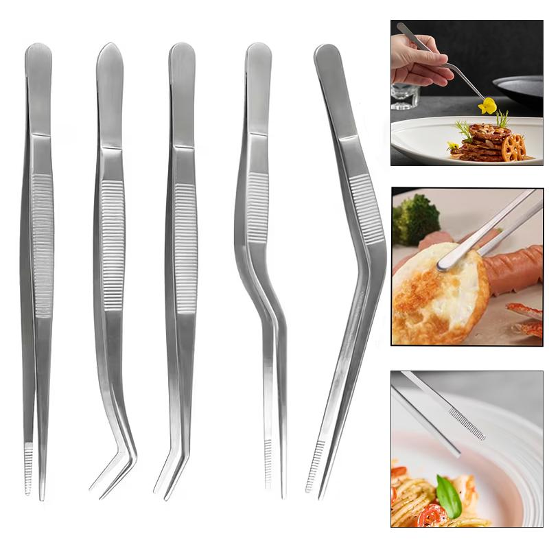 5pcs Kitchen Cooking Tweezers with Serrated Tips Anti-Slip Kitchen Plating Tweezer Curved Tongs for Grilling Picnics & Barbecues