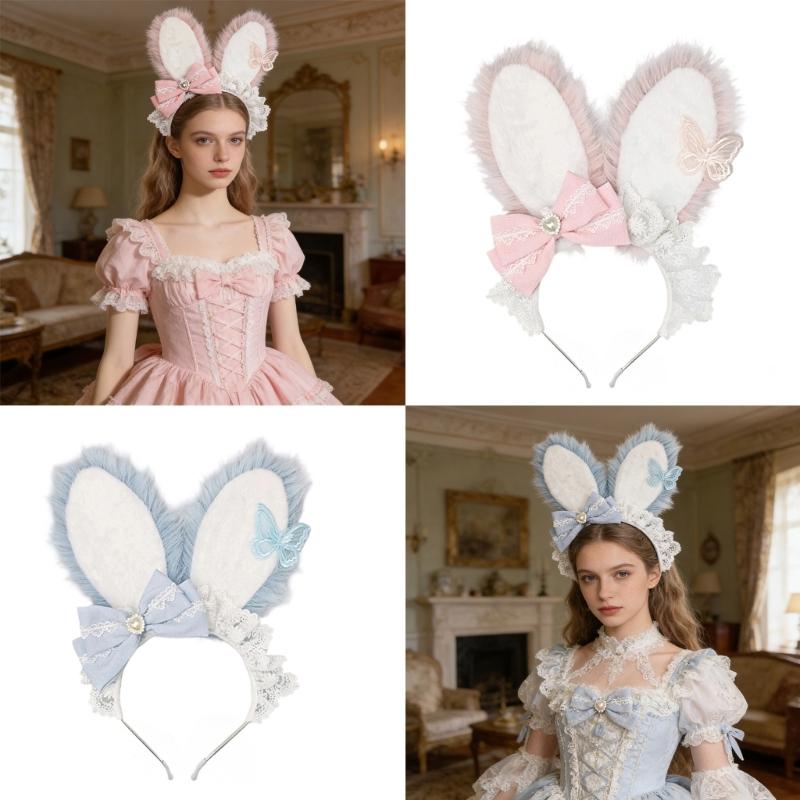 Plush Sweet Rabbit Ears Headband With Elegant Lace And Bowknot Detachable For Cosplay Party And Daily Wear