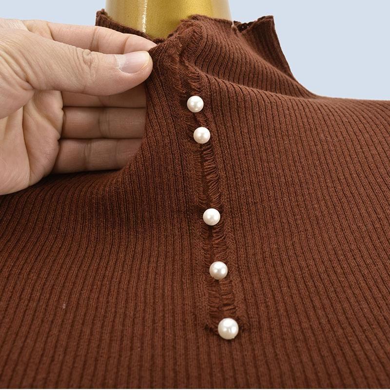 Soft Glutinous Six Wool Shirt Beaded High Elasticity Half-High Collar Long Sleeves Bottoming Shirt Female Slimming Inner Knitting Tops
