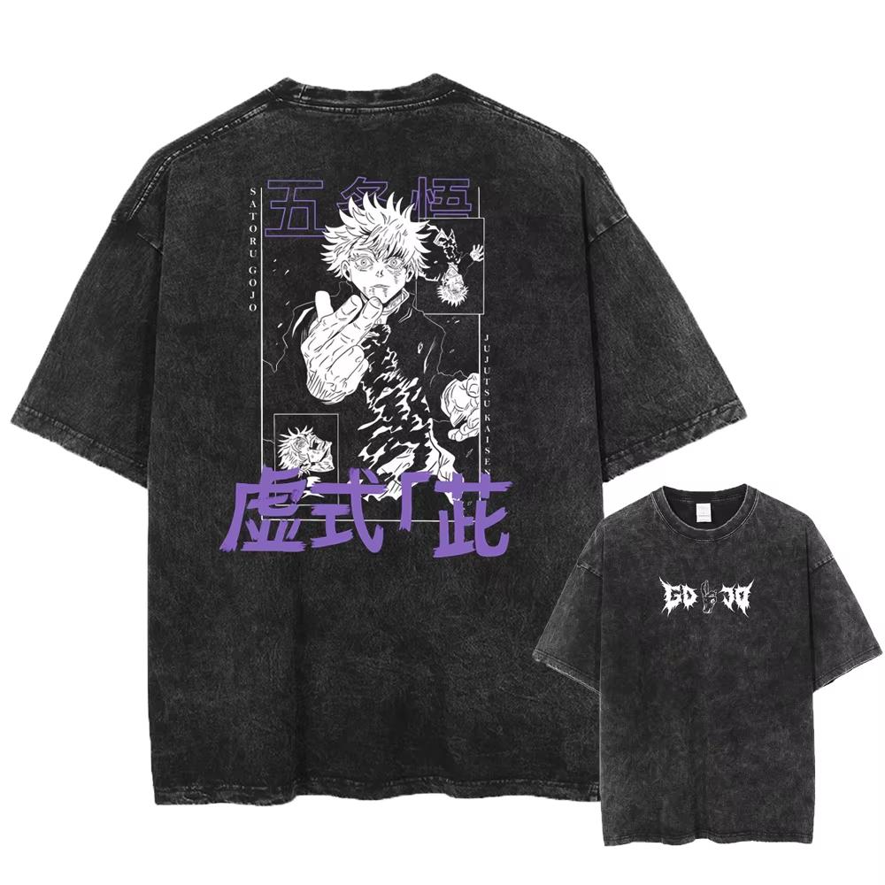 Japan Anime Jujutsu Kaisen Gojo Satoru Print Washed Tshirt Men Pure Cotton Tshirts Manga Casual T Shirt Harajuku Top Streetwear