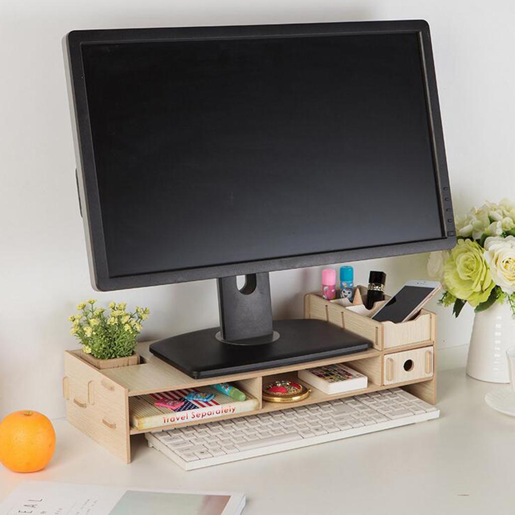 Wood Monitor Stand Drawers Computer Laptop Printer Riser Desk Rice White