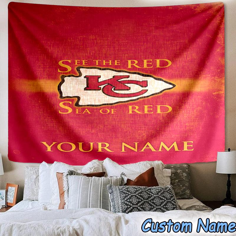 Benutzerdefinierter Name Kansas City Chiefs Helm Bedruckter Wandteppich, für Schlafzimmer, Wohnzimmer, Studentenwohnheim, Große Wanddekoration, Stoffdekoration Fan Geburtstagsgeschenke