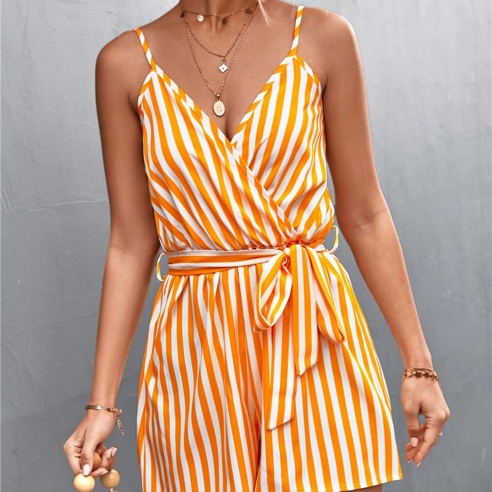 QICED Frauen Frühling Sommer Sexy V-ausschnitt Gestreiften Hosenträger Overall Frauen