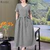 ZANZEA Women Casual V-Neck Summer Short Sleeve Plaid Print Dress