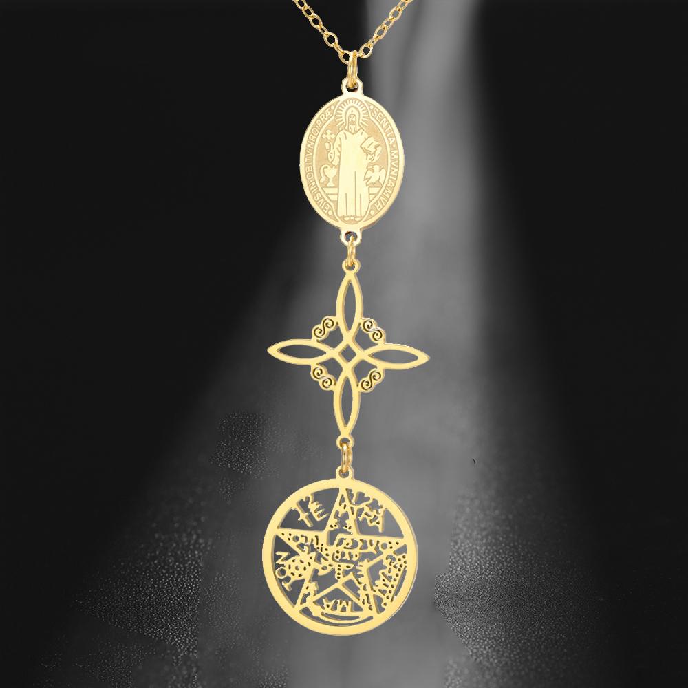 Triple Protection Necklace St. Benedict Witch Knot Pentagram Tetragrammaton Stainless Steel Double-side Jewerly