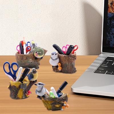 Simulated Bird Pen Holder Resin Stump Bird Stationery Pencil Stand Organizer Container Home Office Desktop Decoration Ornament